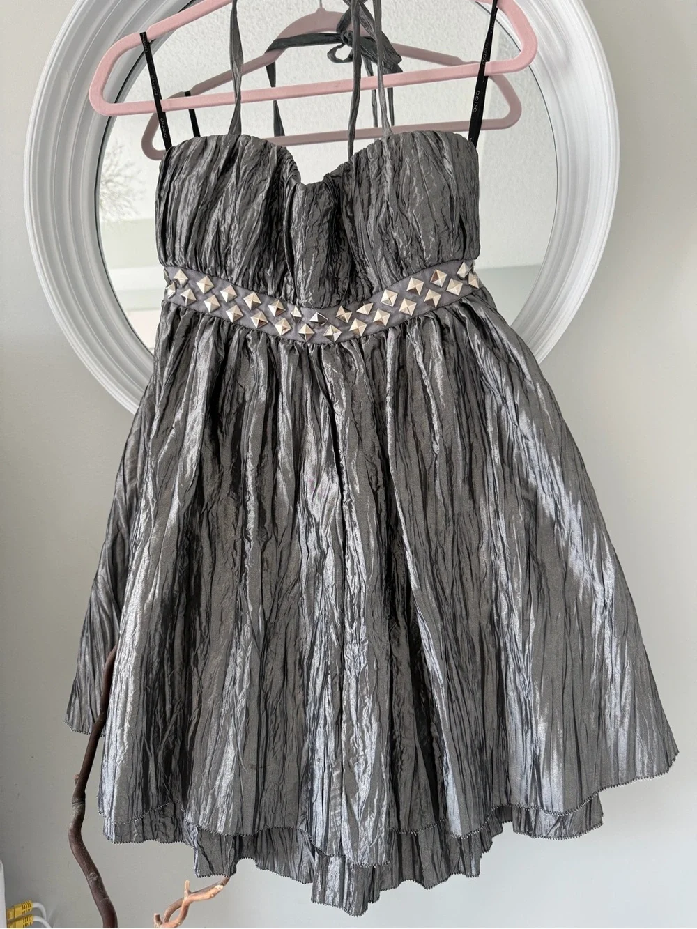 Y2K bebe Silver Crinkled Metallic Studded Waist Party Dress - Picture 5 of 6